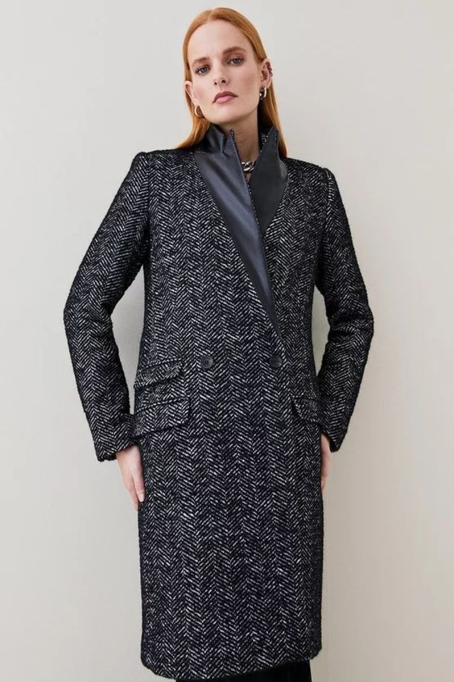 Clearance * Discount Karen Millen Italian Herringbone Wool Pu Collar Coat