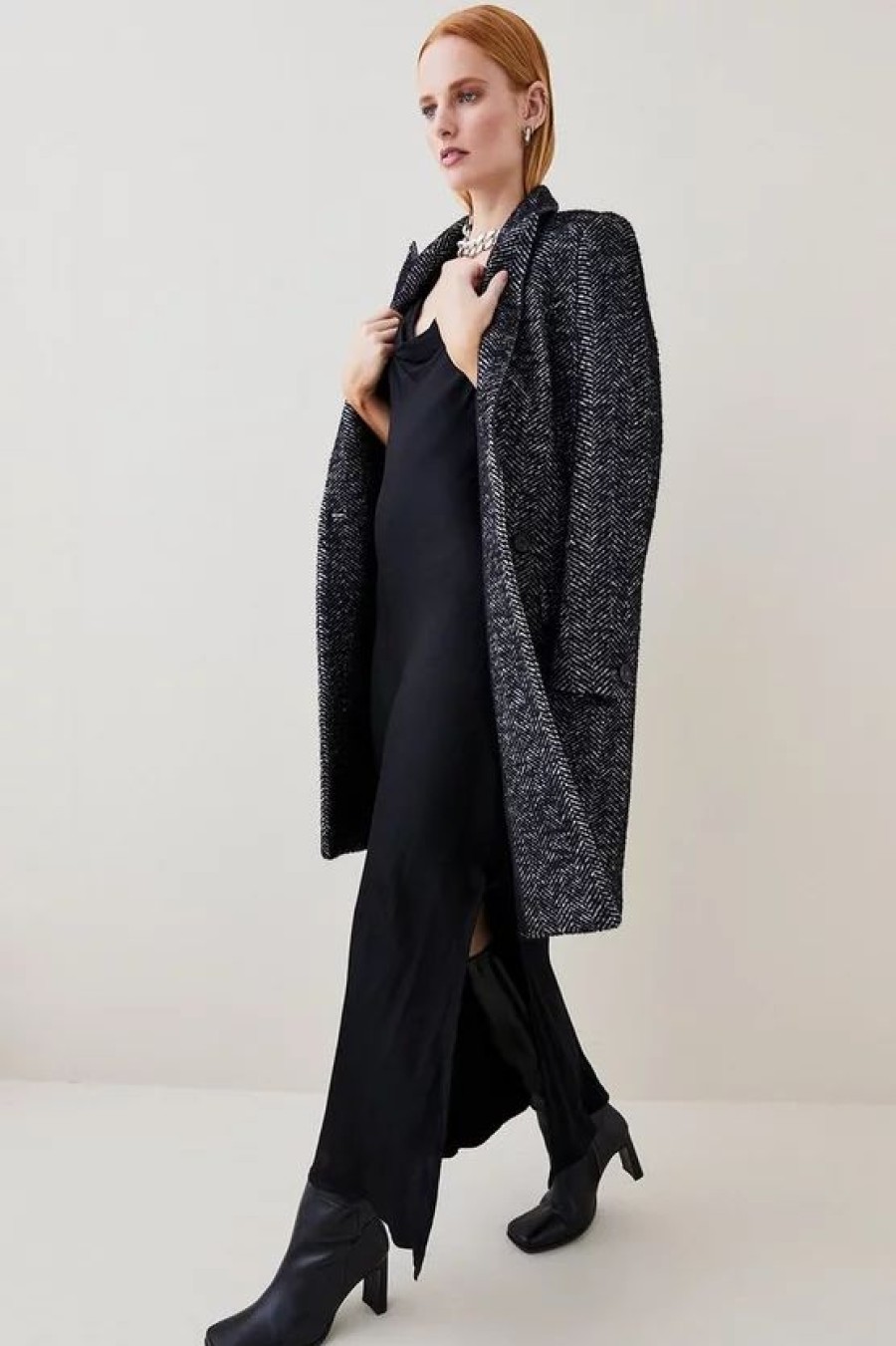 Clearance * Discount Karen Millen Italian Herringbone Wool Pu Collar Coat