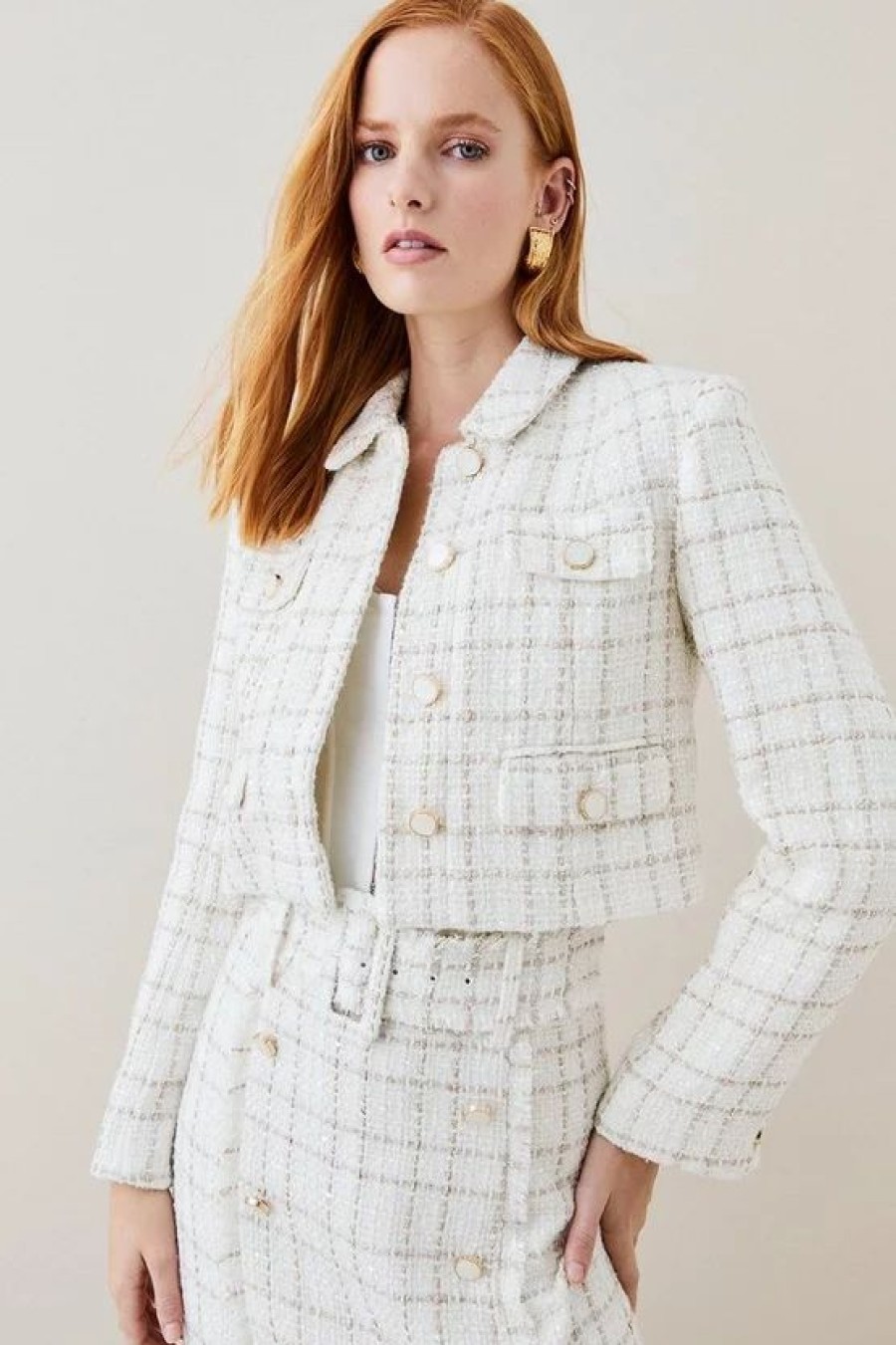 Best * Brand New Karen Millen Sparkle Tweed Pocket Trophy Jacket Ivory