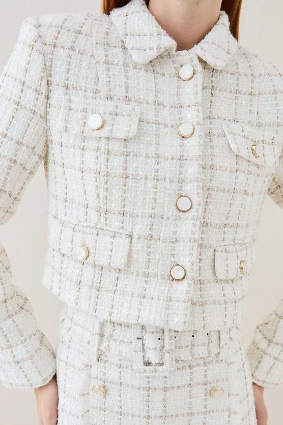 Best * Brand New Karen Millen Sparkle Tweed Pocket Trophy Jacket Ivory