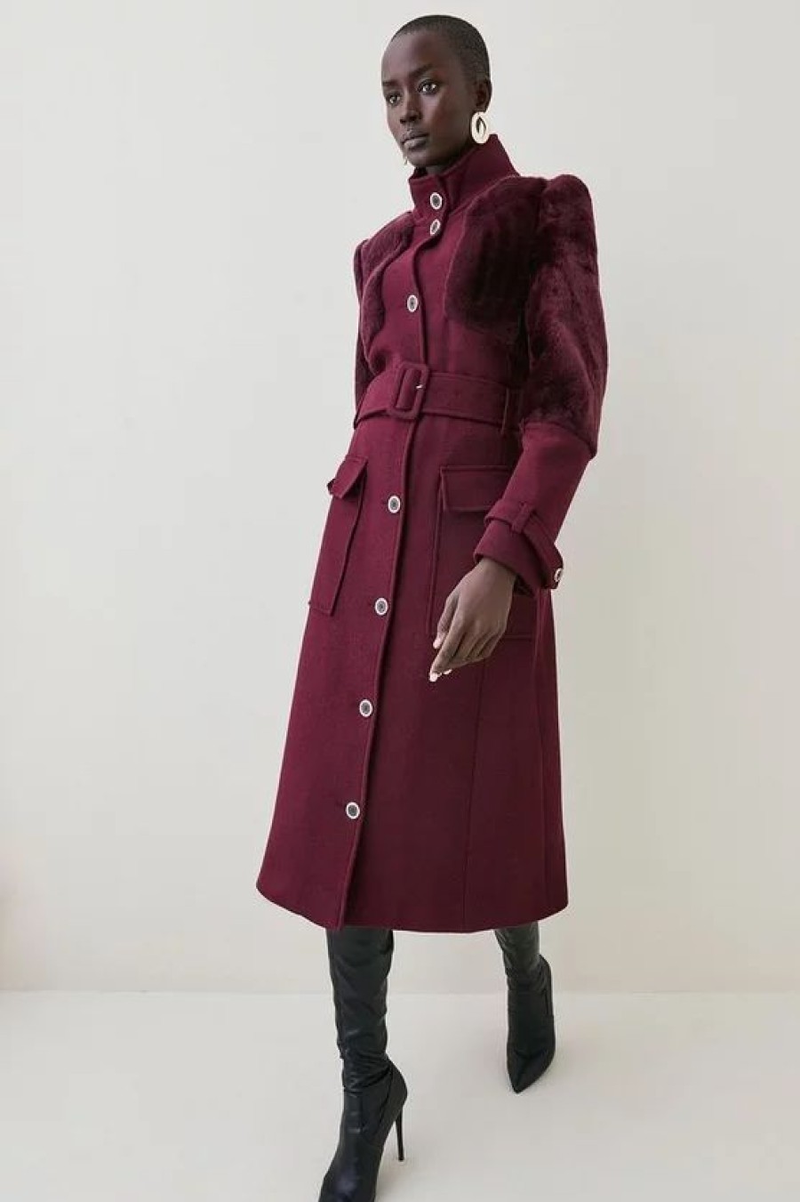 Best * Coupon Karen Millen Italian Wool Sheepskin Panelled Belted Coat