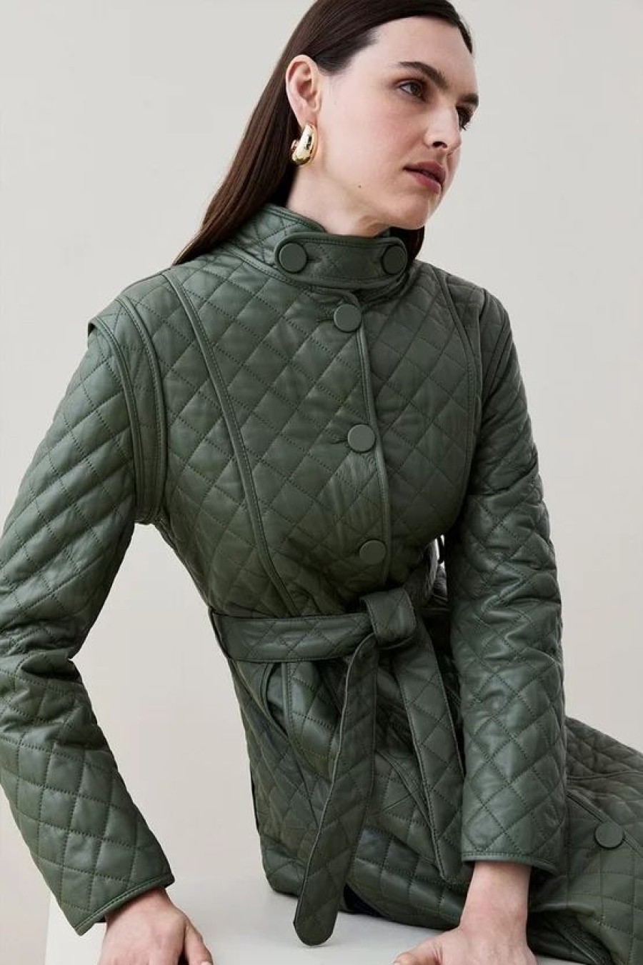 Online * Brand New Karen Millen Leather Quilted Peplum Midi Coat