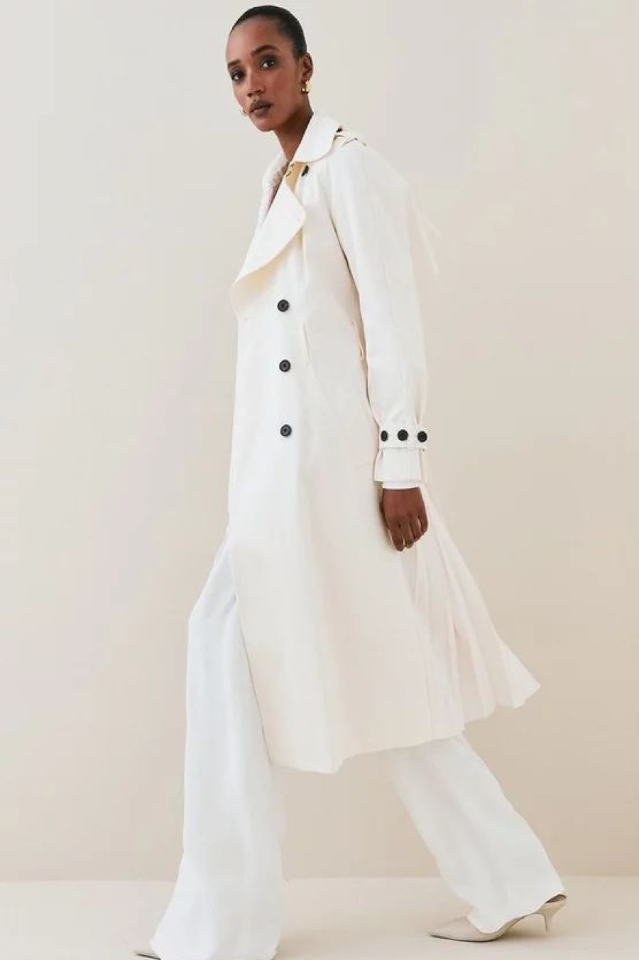 Clearance * New Karen Millen Cotton Pleated Skirt Trench Coat Ivory