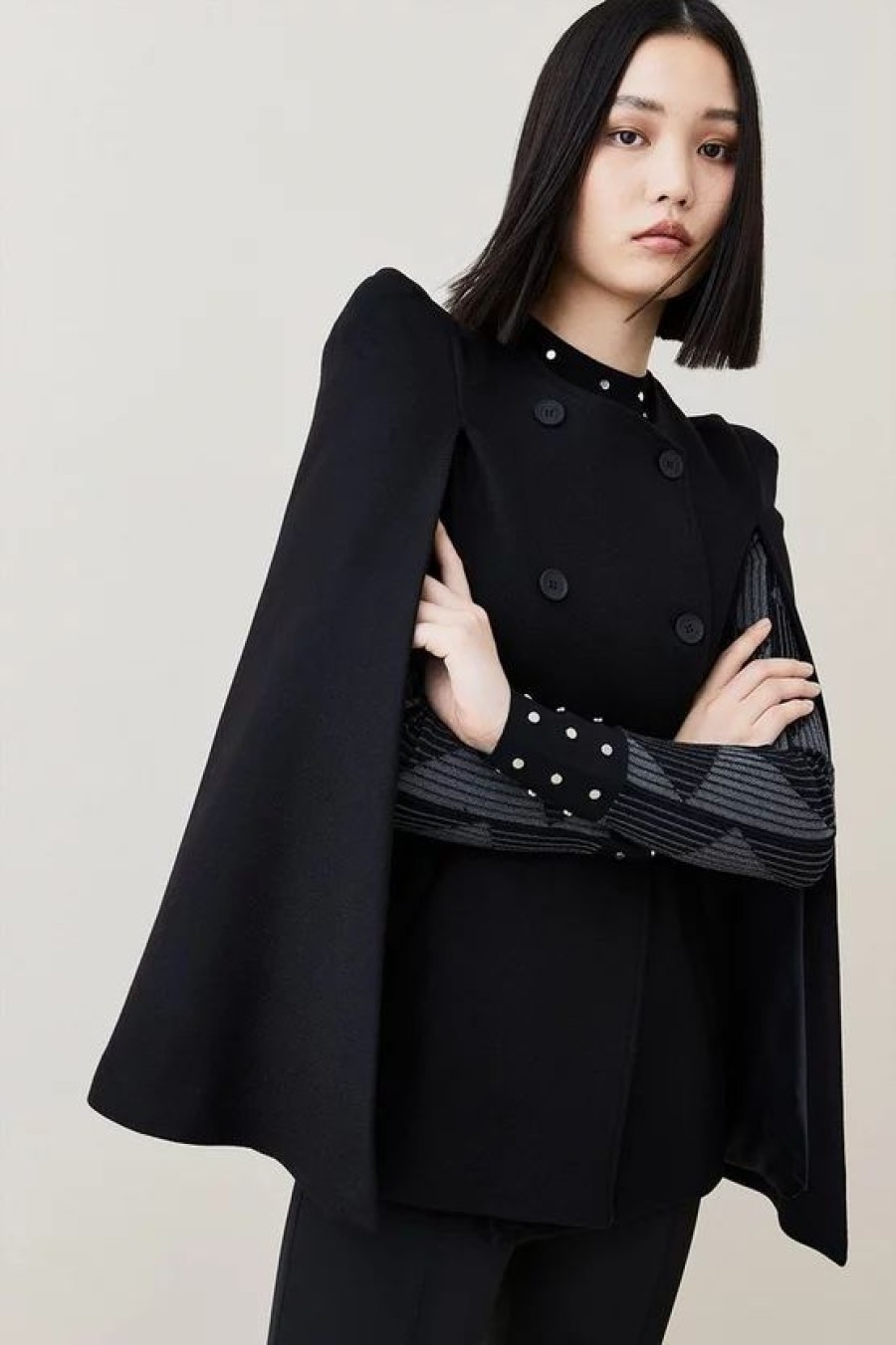 Online * Promo Karen Millen Italian Virgin Wool Cape Coat Black