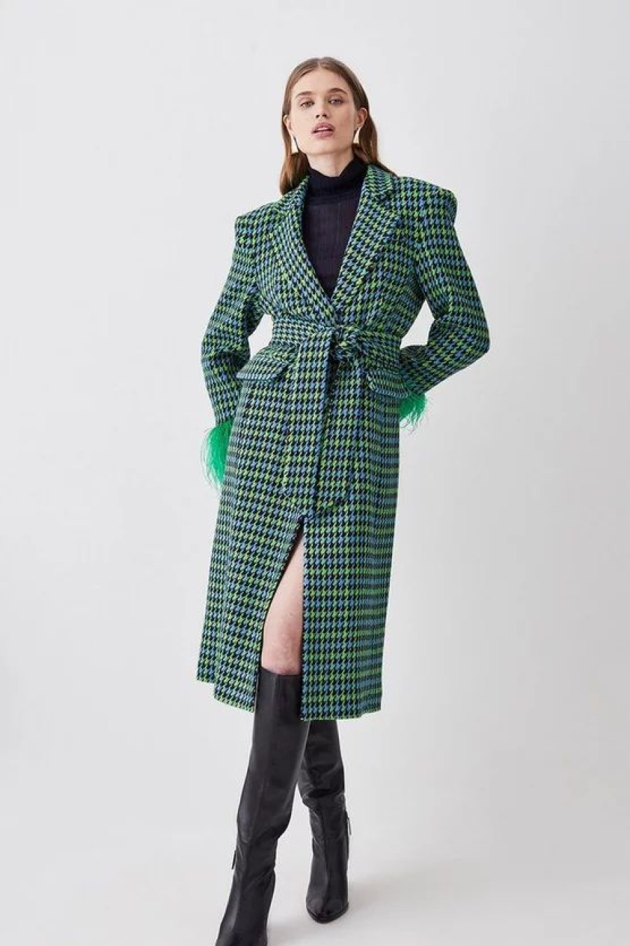 Best * Budget Karen Millen Colourpop Tweed Feather Cuff Coat