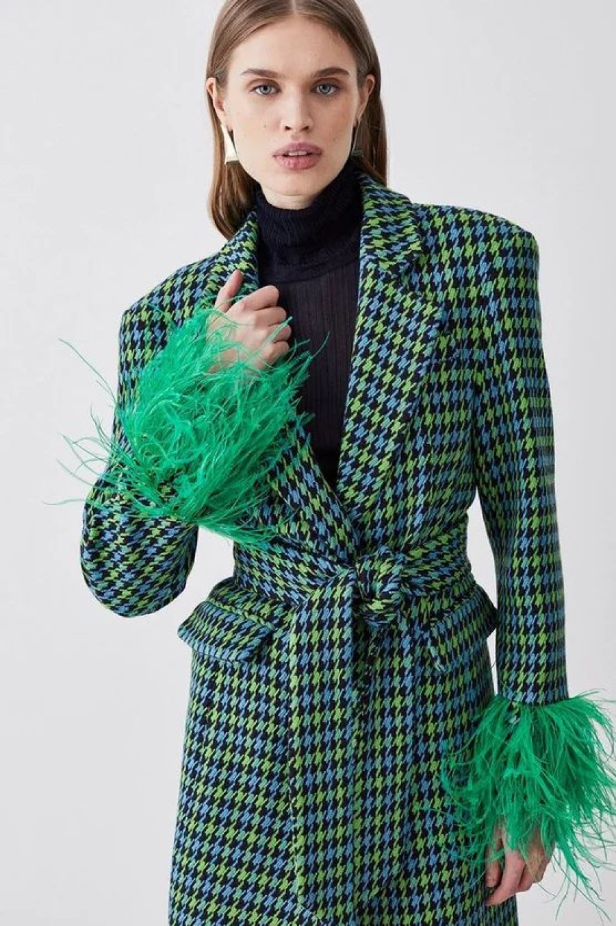 Best * Budget Karen Millen Colourpop Tweed Feather Cuff Coat