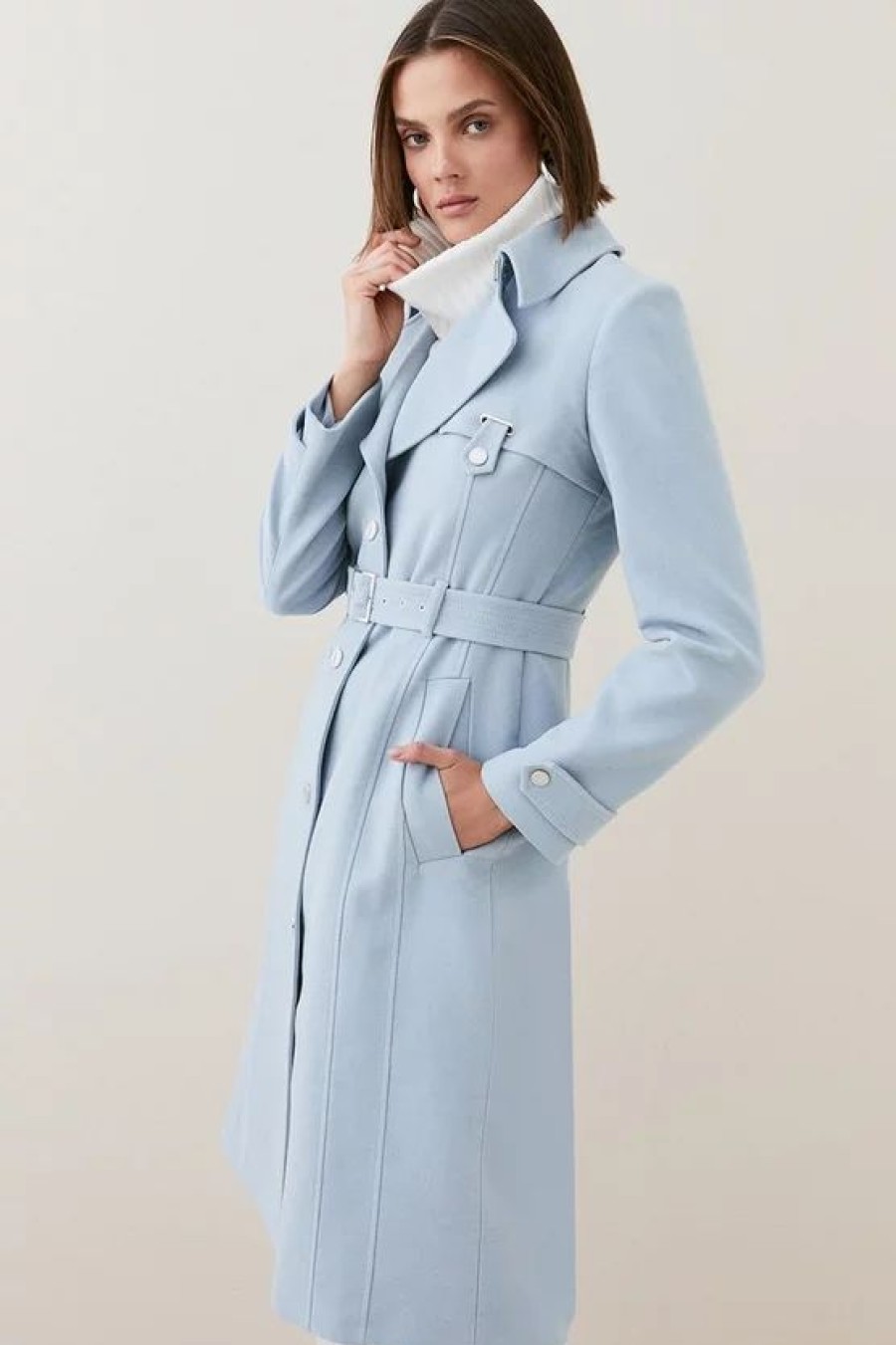 Wholesale * Hot Sale Karen Millen Italian Moleskin Belted Longline Coat Pale Blue