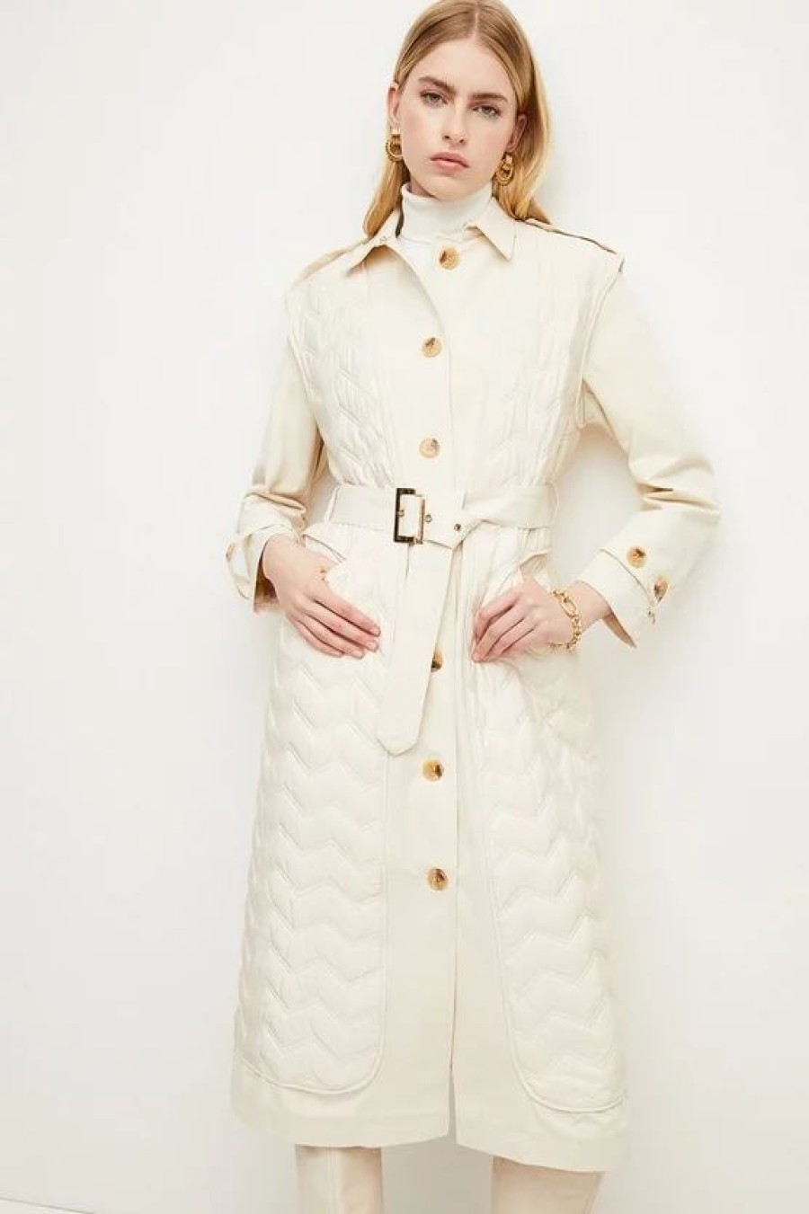 Best * Buy Karen Millen Quilted Contrast Hybrid Trench Coat Stone