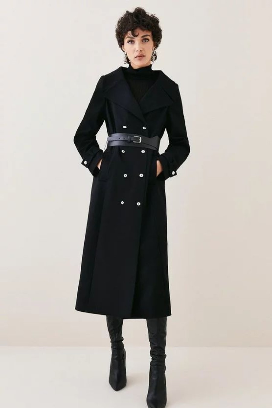 Clearance * Best Deal Karen Millen Italian Virgin Wool Belted Military Coat Black