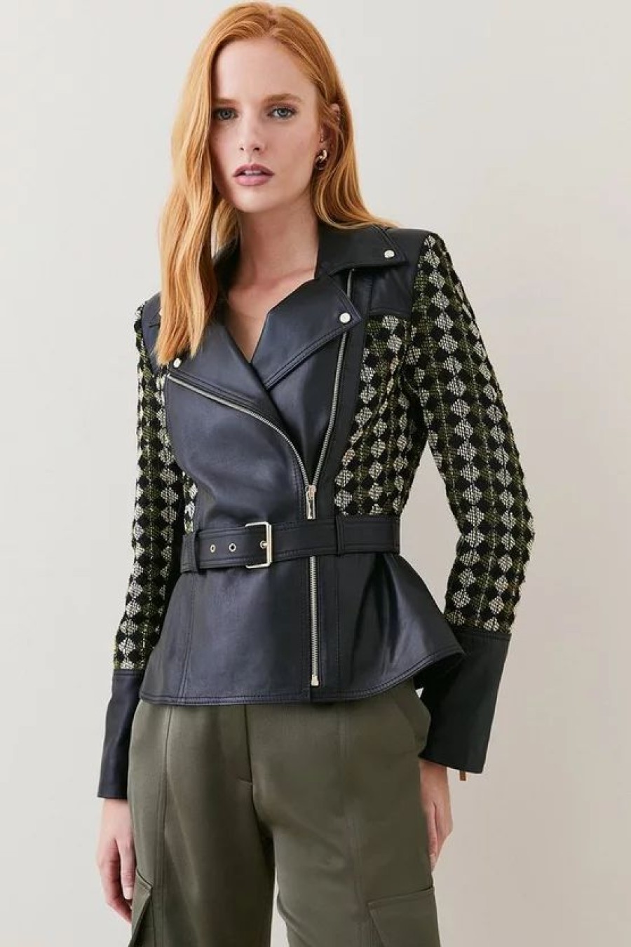 Best * Outlet Karen Millen Leather And Tweed Mix Peplum Biker Multi