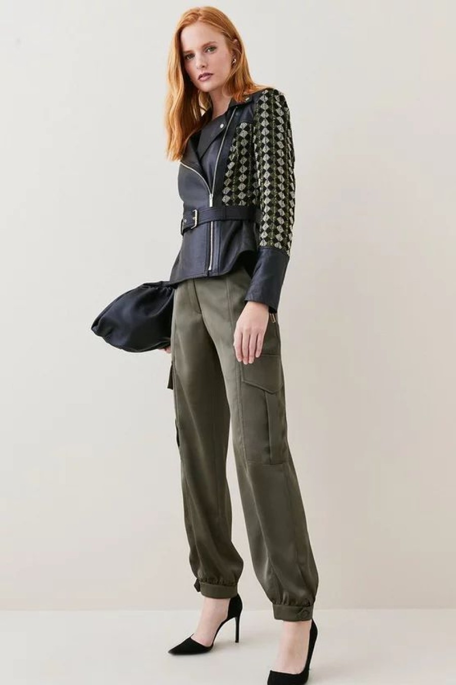 Best * Outlet Karen Millen Leather And Tweed Mix Peplum Biker Multi