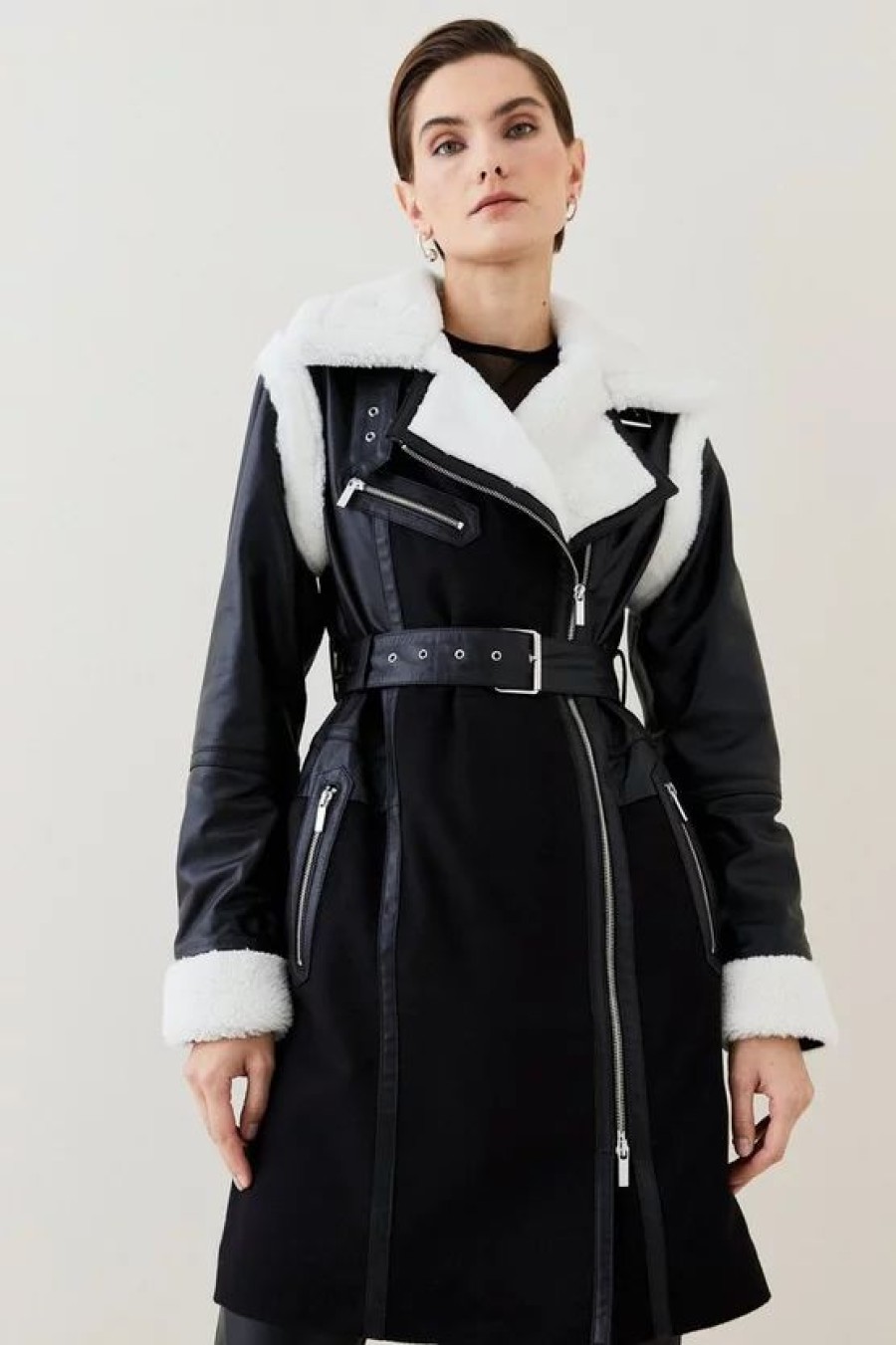 Best * Cheapest Karen Millen Leather & Contrast Shearling Biker Coat Black