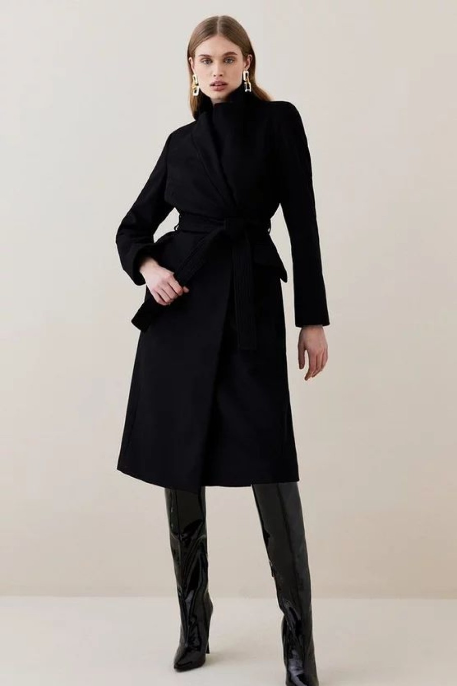 New * Outlet Karen Millen Italian Wool Cashmere Notch Neck Coat Black