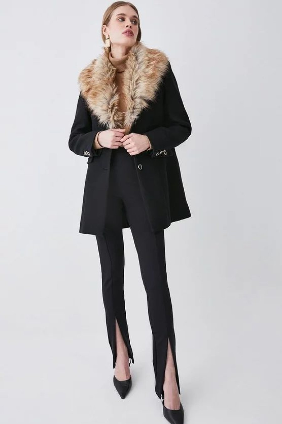 Online * Best Pirce Karen Millen Italian Wool Mix Faux Fur Collar Short Coat