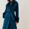 Online * Top 10 Karen Millen Petite Shearling Wrap Belted Coat Teal