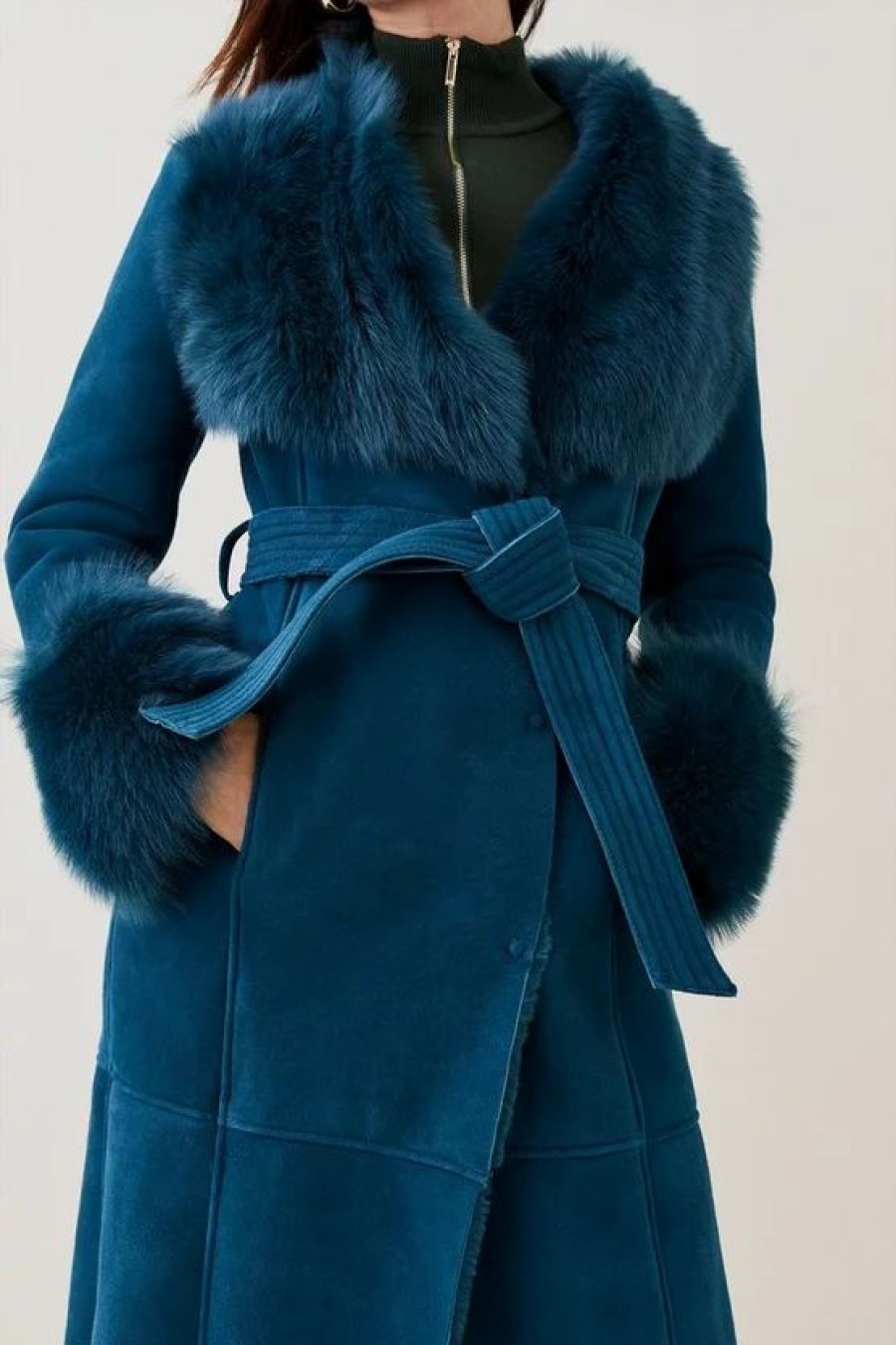 Online * Top 10 Karen Millen Petite Shearling Wrap Belted Coat Teal