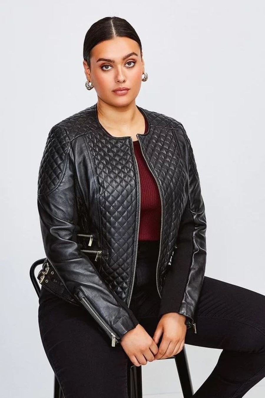 Best * Promo Karen Millen Plus Size Leather Quilted Jacket Black