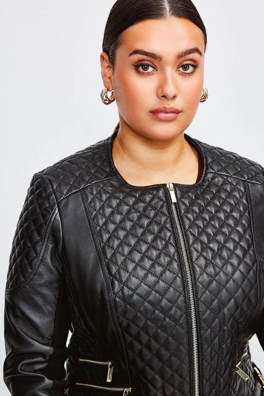 Best * Promo Karen Millen Plus Size Leather Quilted Jacket Black