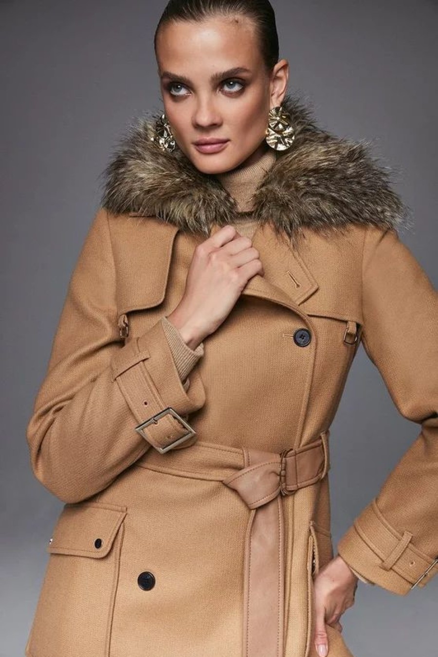 New * Brand New Karen Millen Italian Virgin Wool Fur Collar Trench Coat Camel