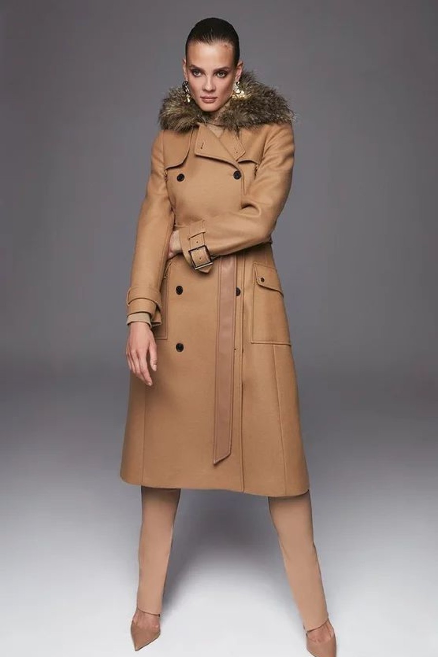 New * Brand New Karen Millen Italian Virgin Wool Fur Collar Trench Coat Camel