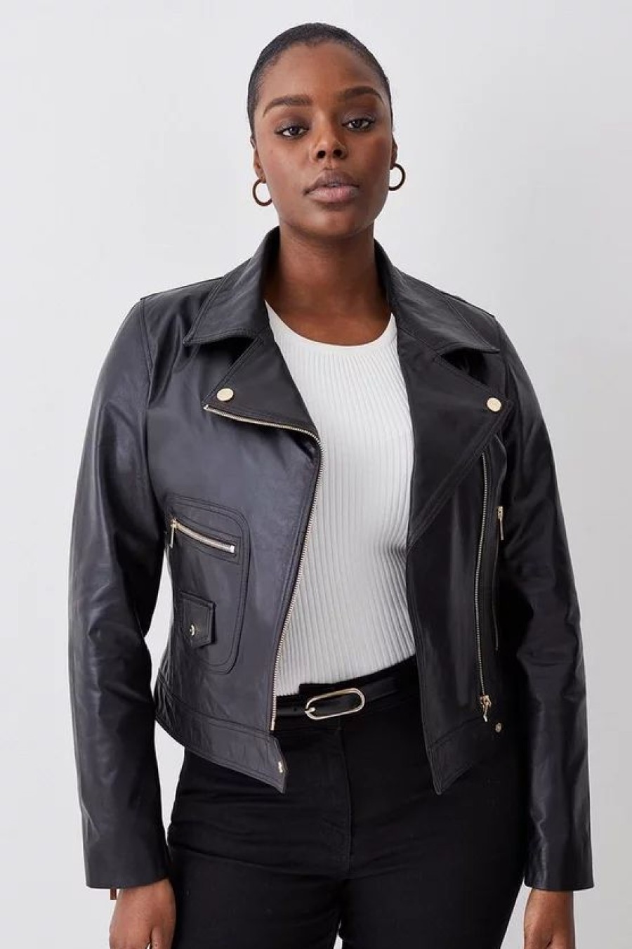 Clearance * Brand New Karen Millen Plus Size Leather Pocket Detail Biker Jacket Black