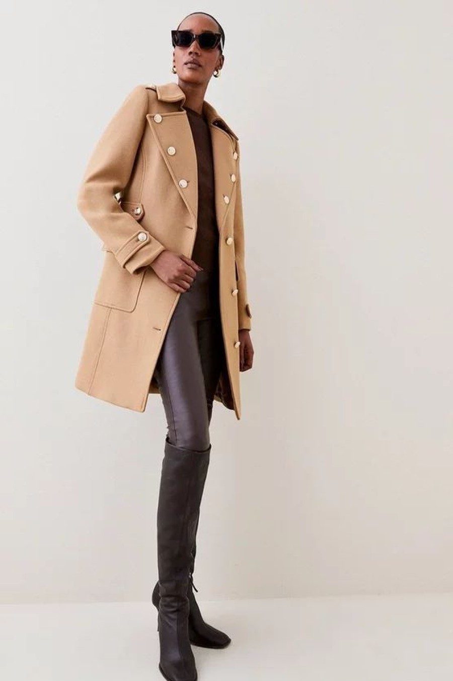 Best * Deals Karen Millen Italian Virgin Wool Military Midi Coat Camel