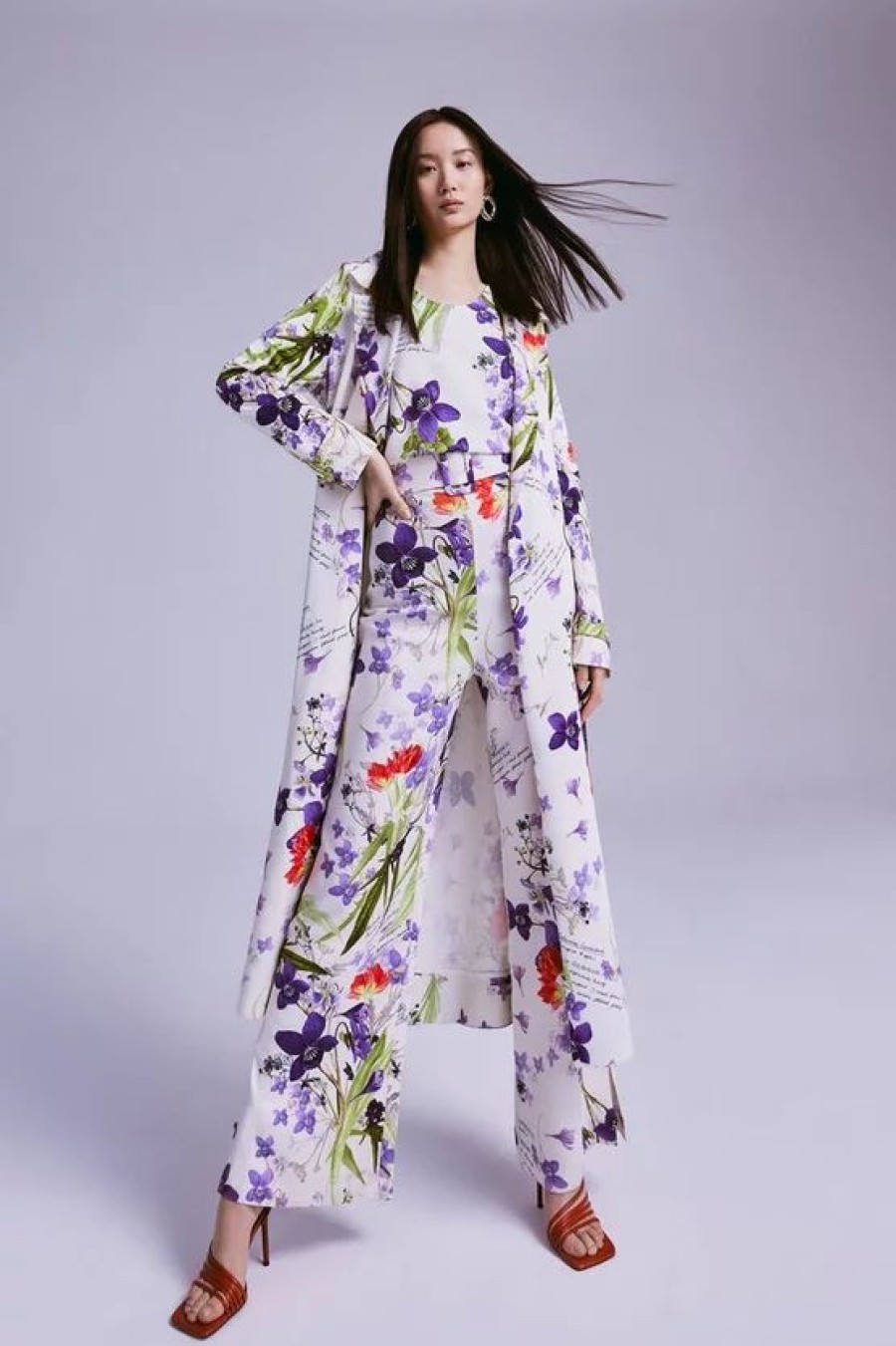 Wholesale * Best Reviews Of Karen Millen Scattering Viola And Tulipa Compact Viscose Belted Trench Floral