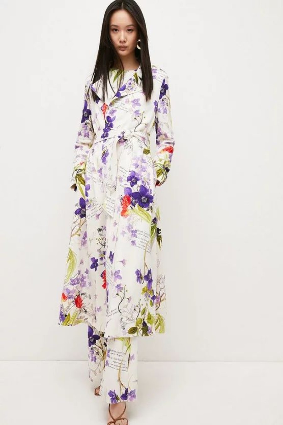 Wholesale * Best Reviews Of Karen Millen Scattering Viola And Tulipa Compact Viscose Belted Trench Floral