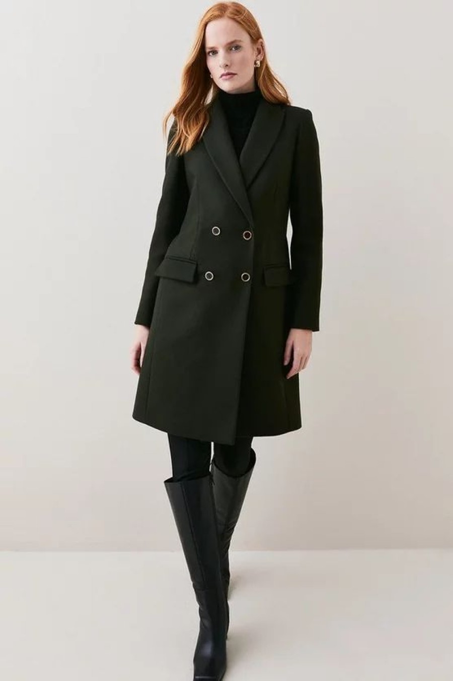 Hot * Discount Karen Millen Italian Virgin Wool Double Breasted Tailored Coat Khaki