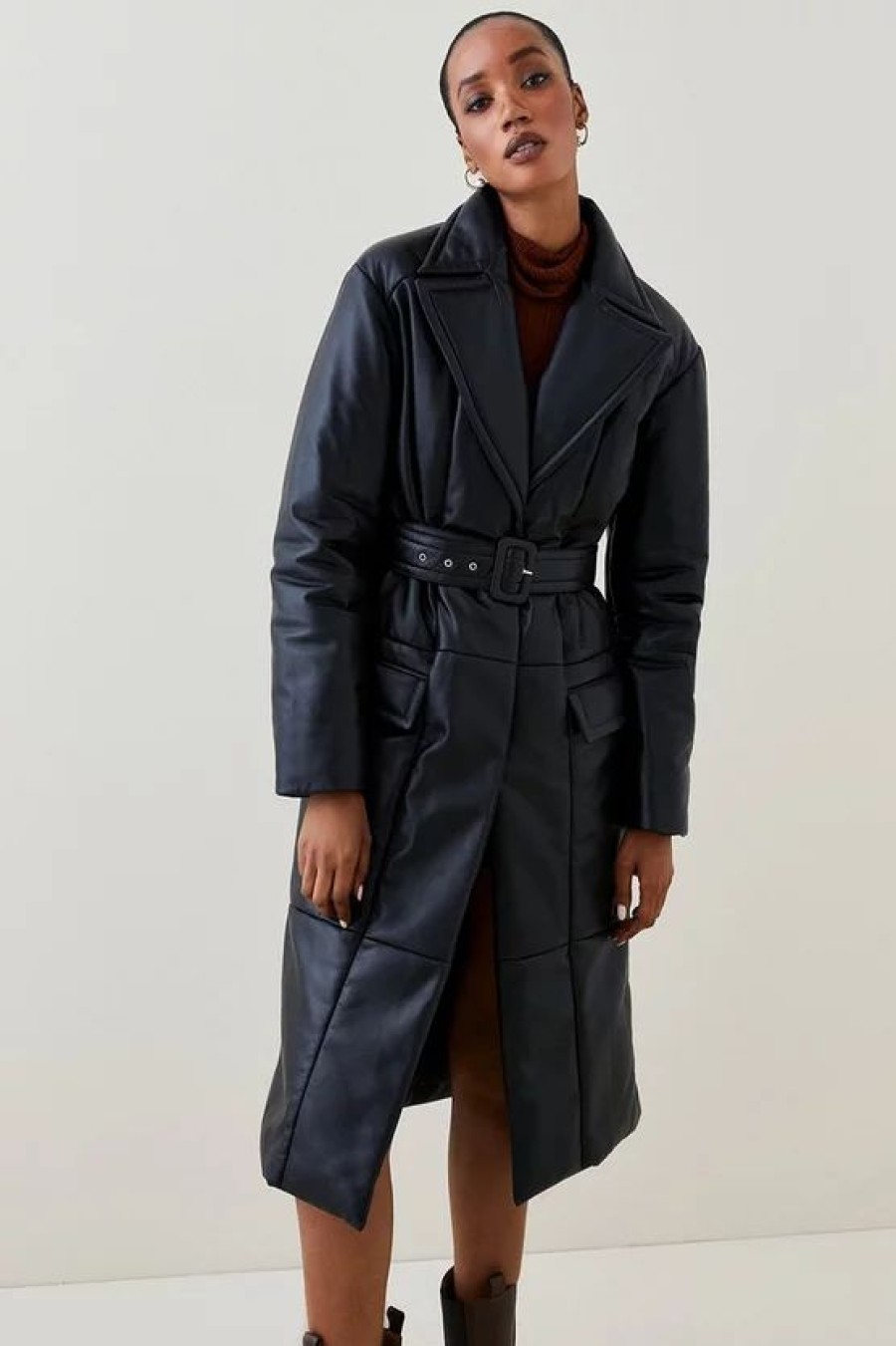 Online * Brand New Karen Millen Leather Puffer Belted Trench Coat