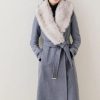 Best * Brand New Karen Millen Italian Wool Cashmere Mix Faux Fur Collared Belted Coat Grey