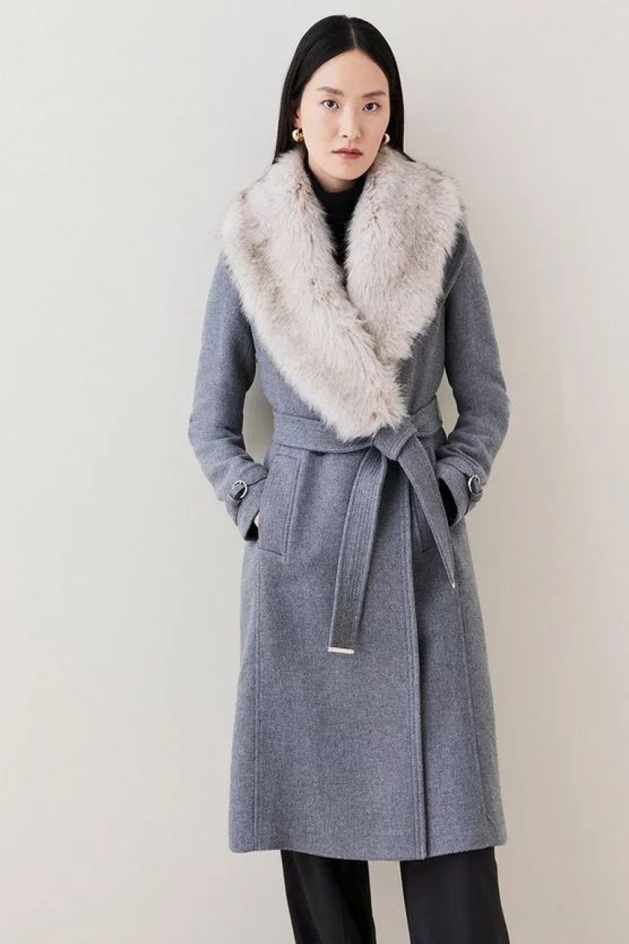 Best * Brand New Karen Millen Italian Wool Cashmere Mix Faux Fur Collared Belted Coat Grey