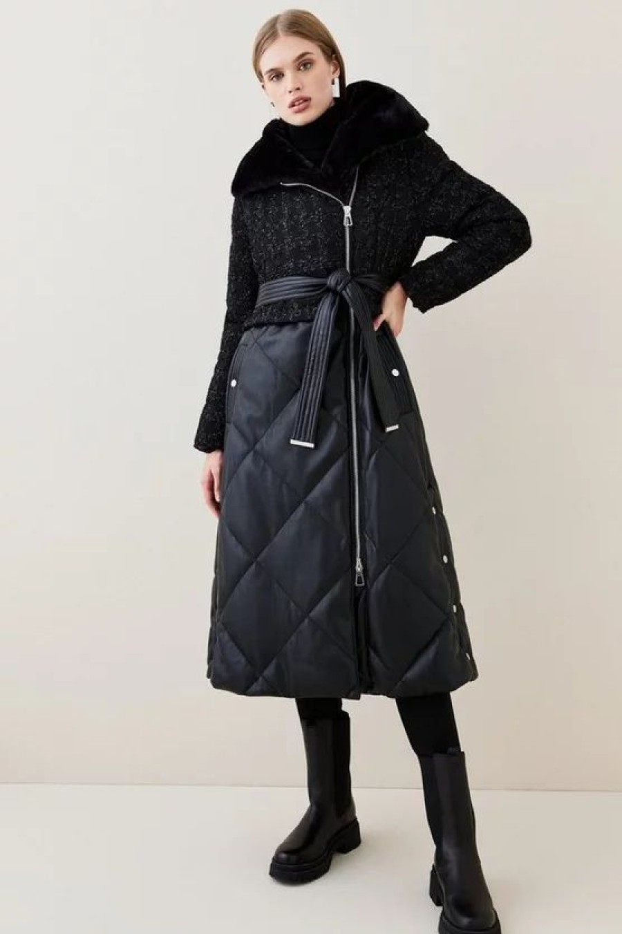 Hot * Budget Karen Millen Boucle Pu Mix Longline Puffer Coat Black