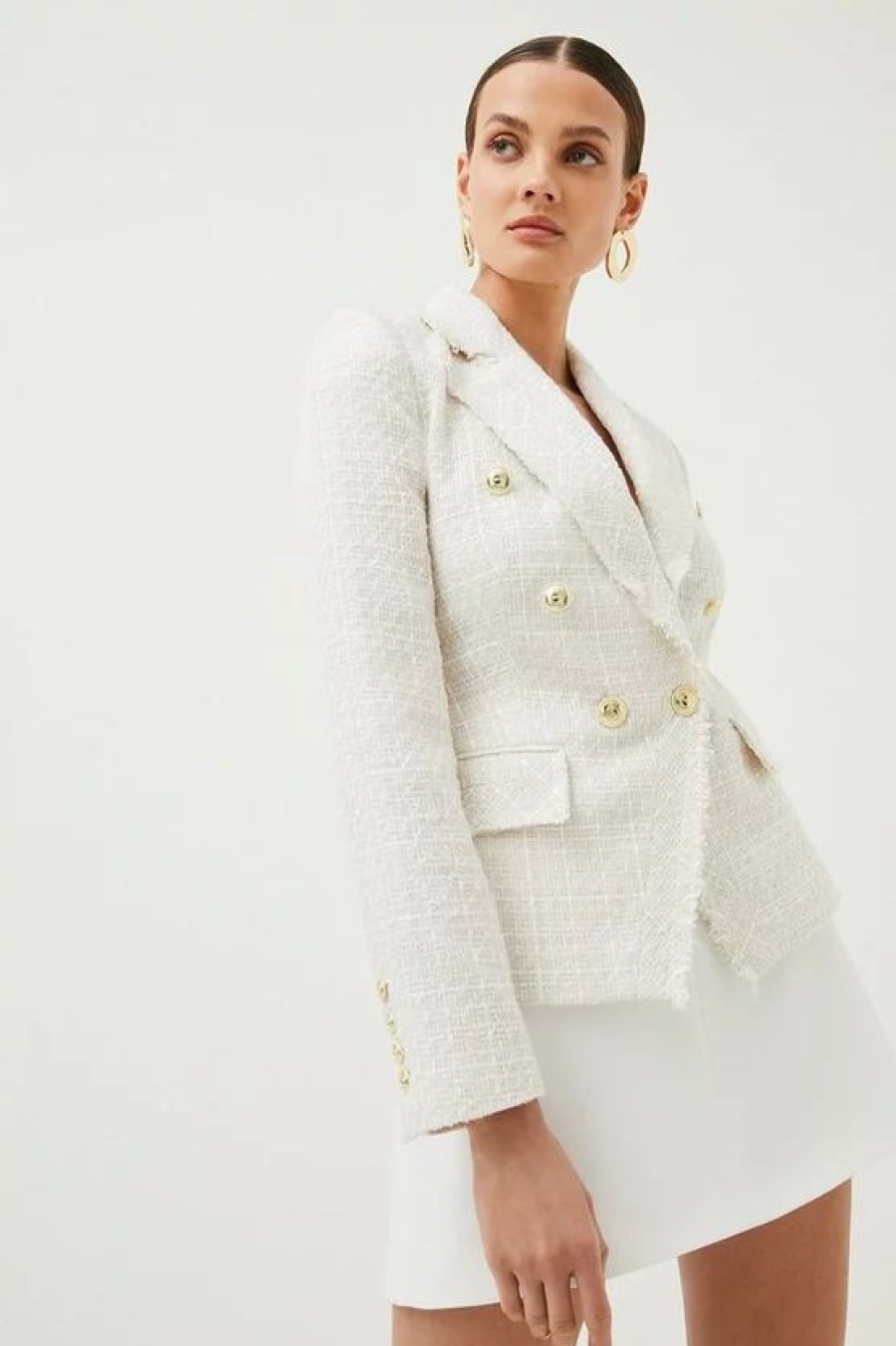 Clearance * Best Deal Karen Millen Sparkle Tweed Military Blazer Ivory