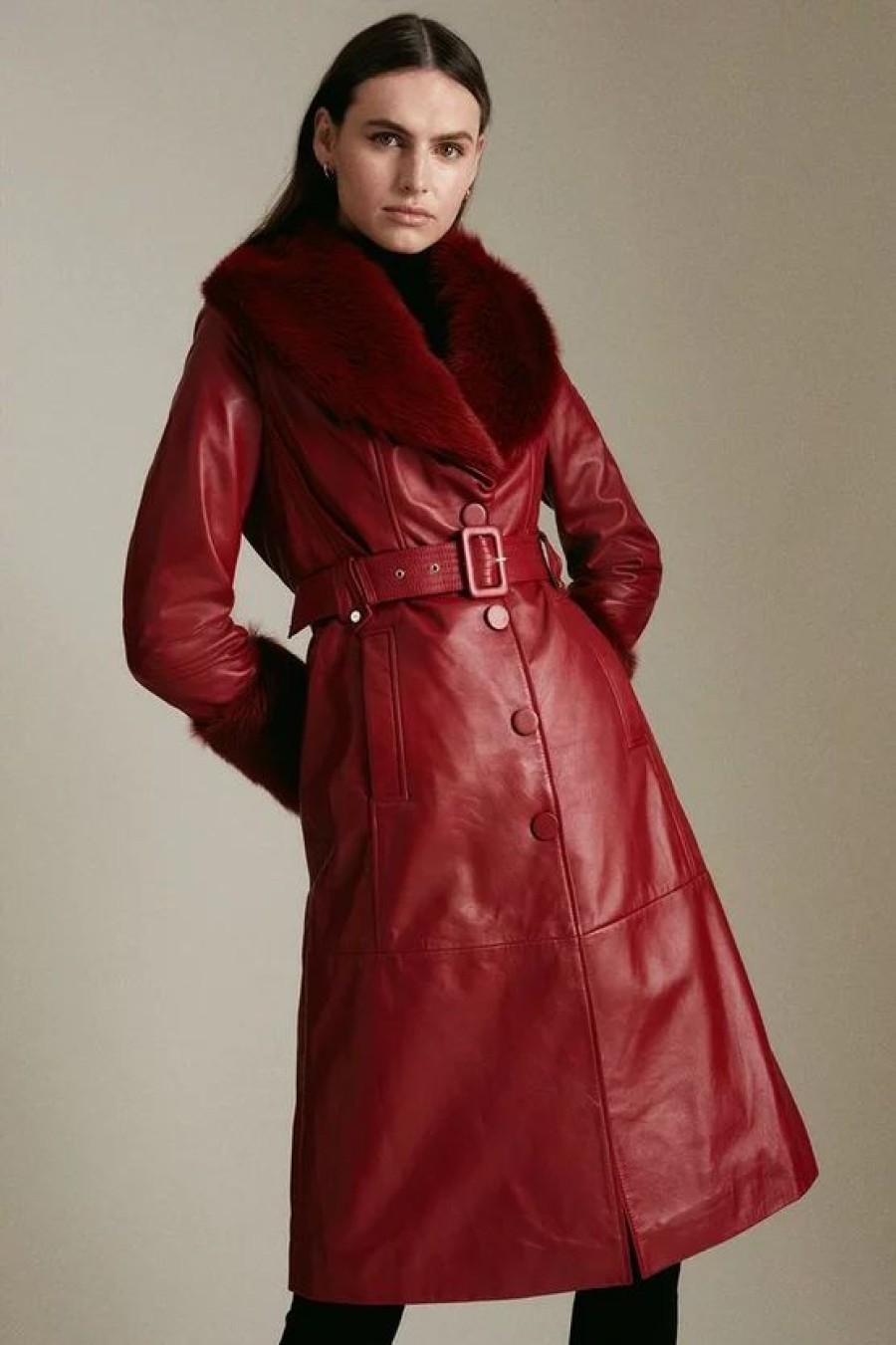 Clearance * Buy Karen Millen Tall Shearling Cuff And Collar Leather Coat Red