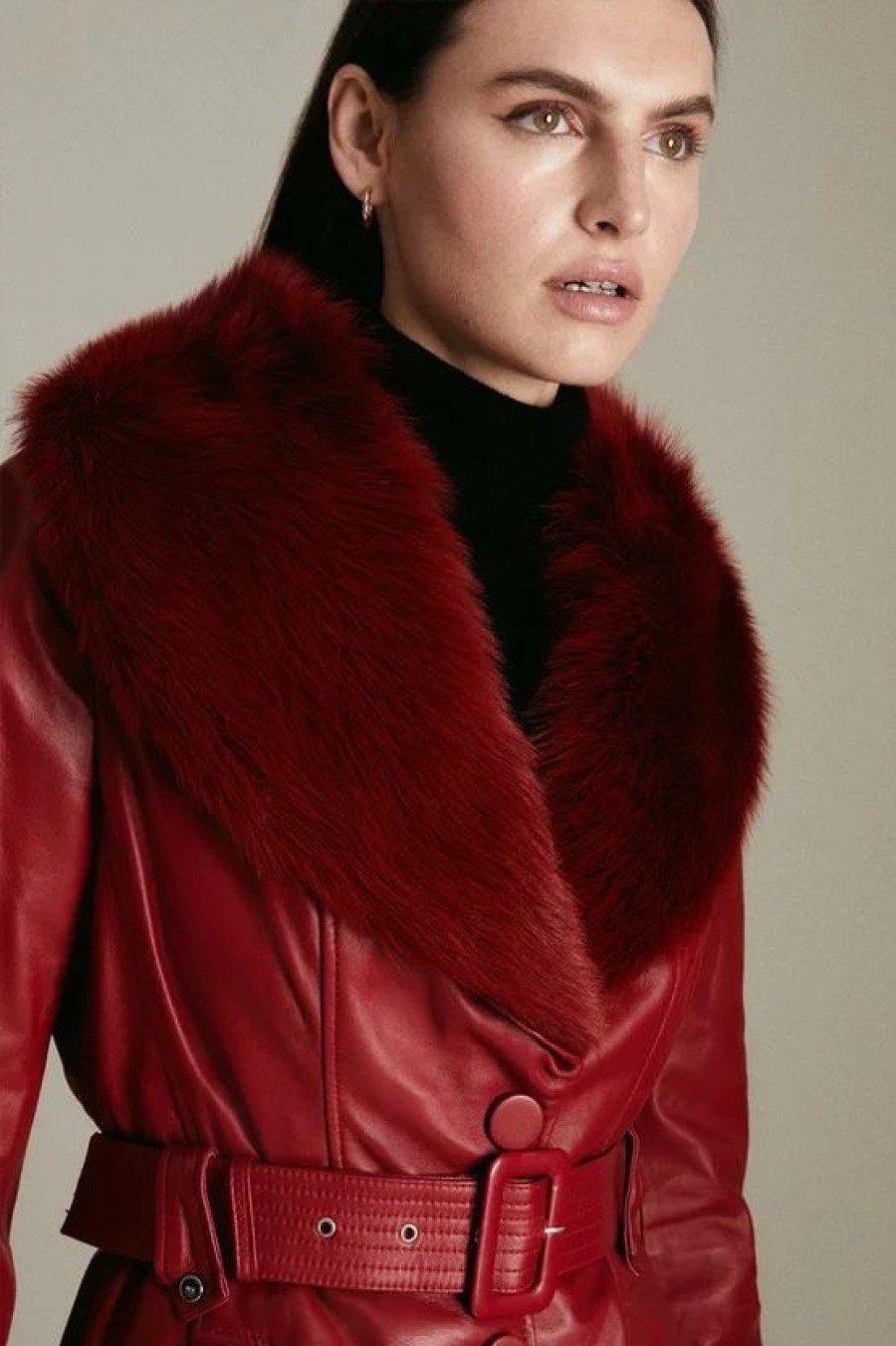 Clearance * Buy Karen Millen Tall Shearling Cuff And Collar Leather Coat Red