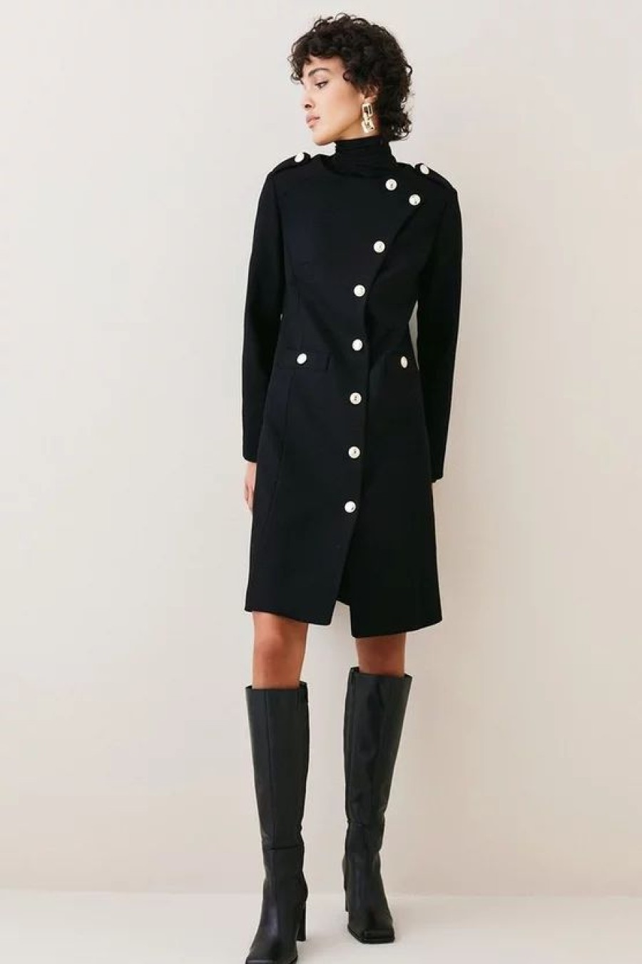 Best * Outlet Karen Millen Italian Virgin Wool Military Button Up Midi Coat Black