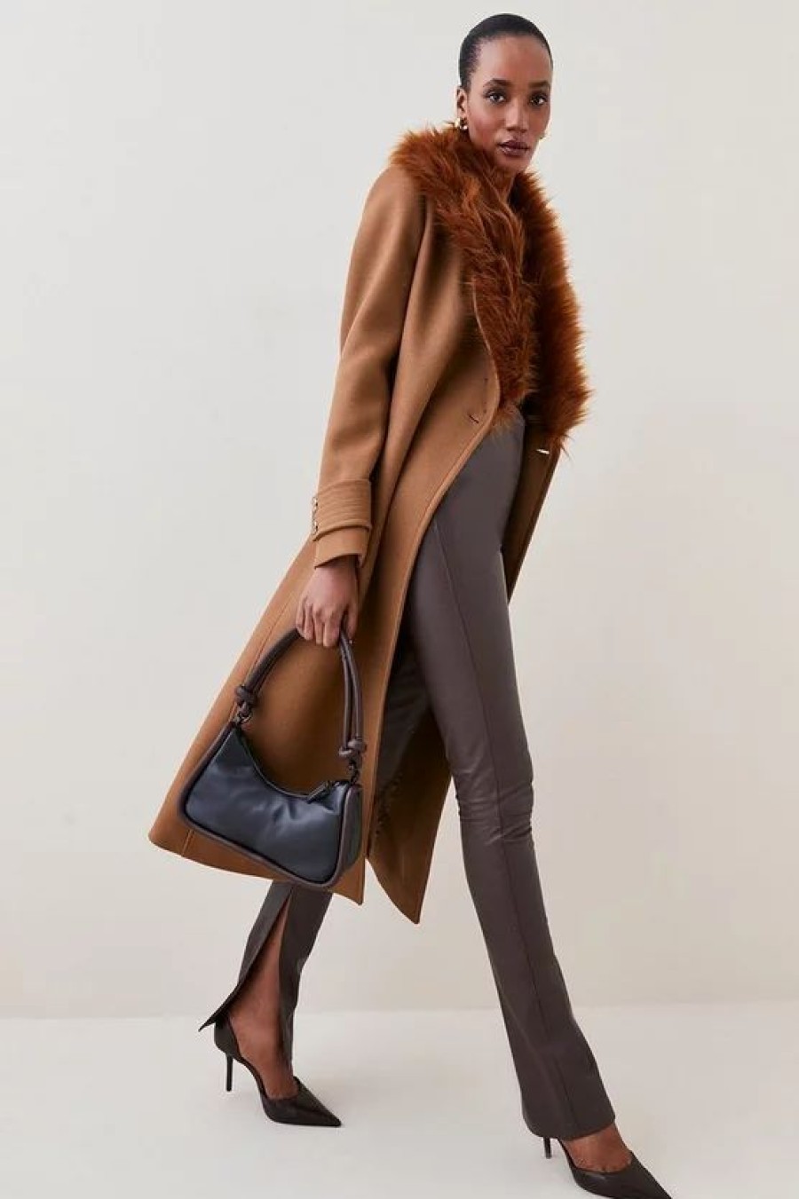 Online * Deals Karen Millen Italian Wool Cashmere Blend Belted Faux Fur Collar Coat Dark Tan