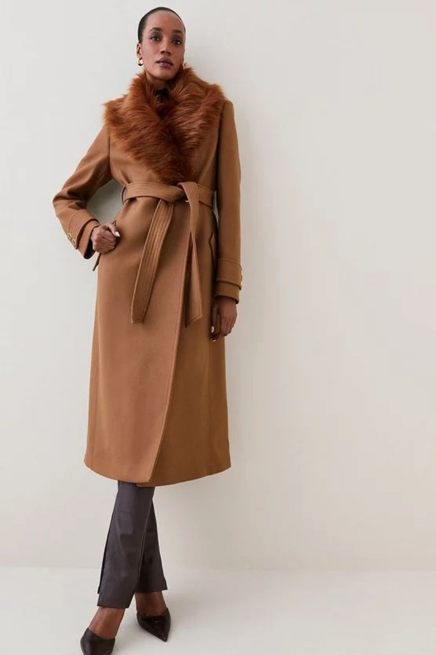 Online * Deals Karen Millen Italian Wool Cashmere Blend Belted Faux Fur Collar Coat Dark Tan