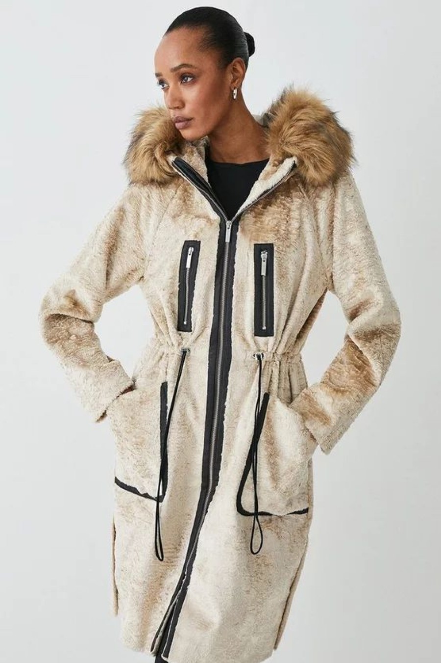 Best * Outlet Karen Millen Signature Faux Ponyskin Hooded Parka Coat Cream