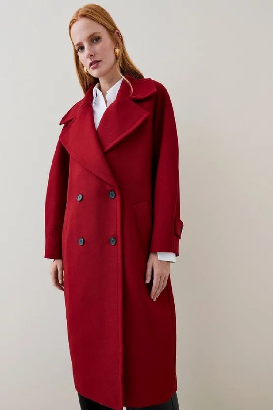 Best * Hot Sale Karen Millen Italian Virgin Wool Rounded Shoulder Double Breasted Coat Red