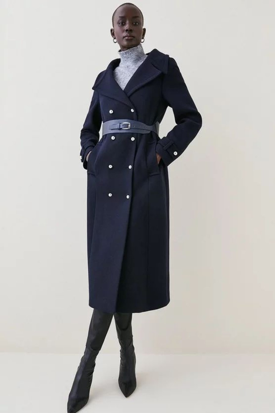 Online * Deals Karen Millen Italian Wool Belted Military Coat Navy