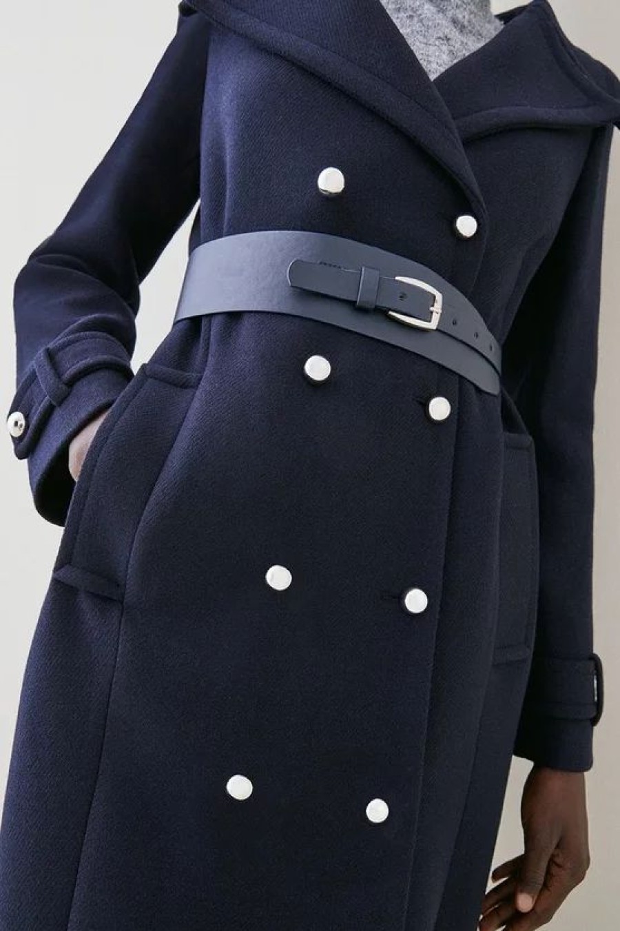 Online * Deals Karen Millen Italian Wool Belted Military Coat Navy