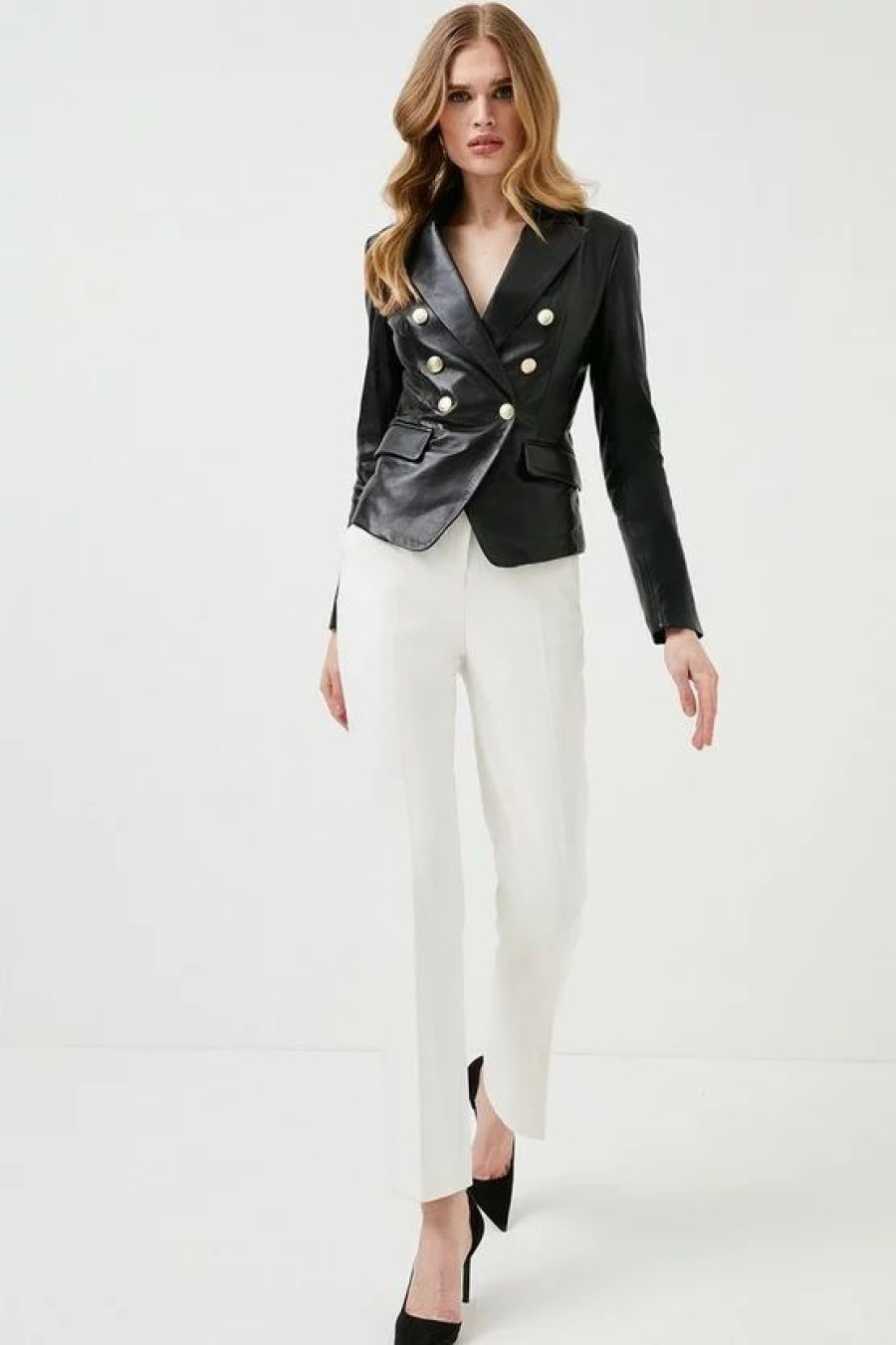 New * Top 10 Karen Millen Leather Gold Button Blazer