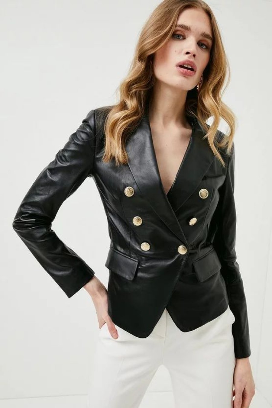 New * Top 10 Karen Millen Leather Gold Button Blazer