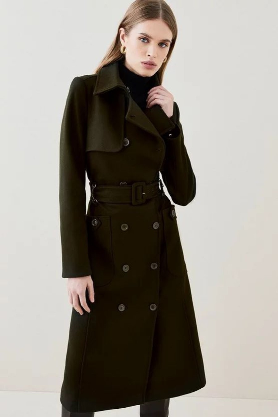 Hot * Buy Karen Millen Italian Virgin Wool Collared Belted Coat Khaki