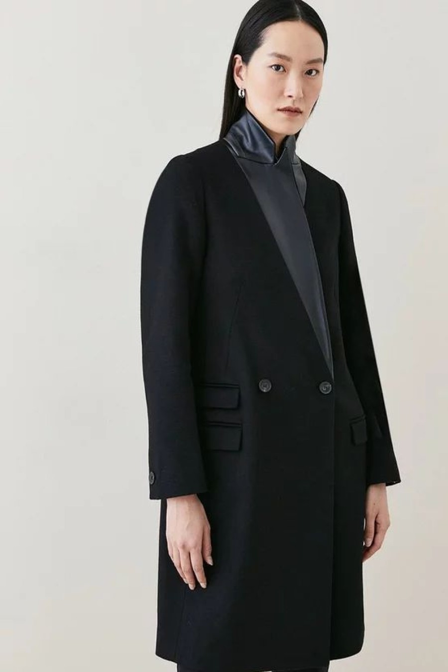 Wholesale * Best Deal Karen Millen Italian Virgin Wool Faux Leather Contrast Double Breasted Coat Black