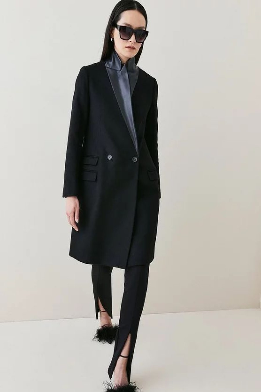 Wholesale * Best Deal Karen Millen Italian Virgin Wool Faux Leather Contrast Double Breasted Coat Black