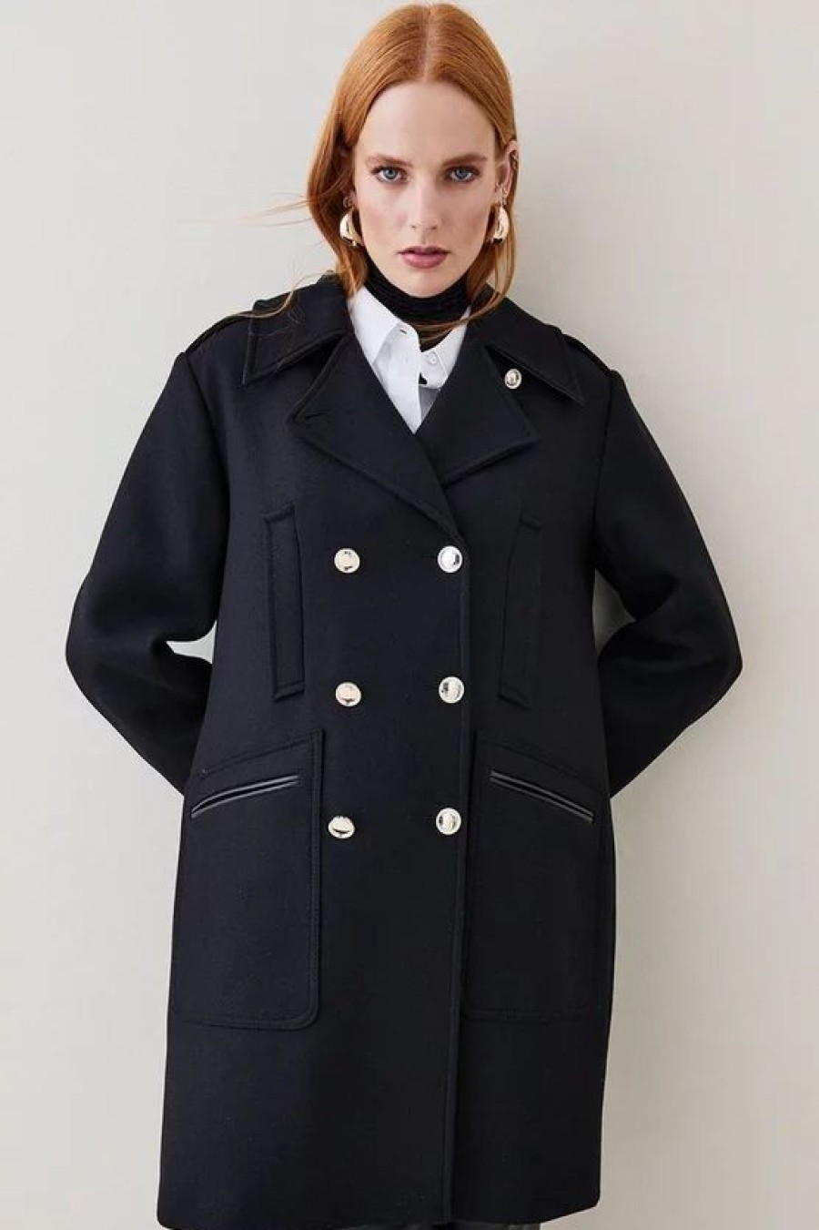 Online * Promo Karen Millen Italian Virgin Wool Double Breasted Pea Coat Black