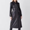 Hot * Best Deal Karen Millen Leather Contrast Panels Belted Midi Trench Coat Black